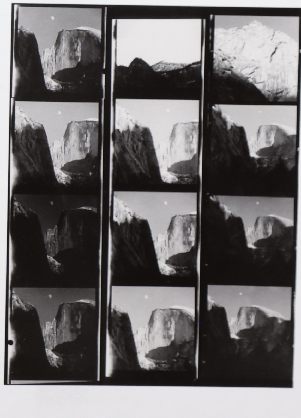 The proof sheet for Moon and Half Dome, as reproduced in Looking at Ansel Adams
