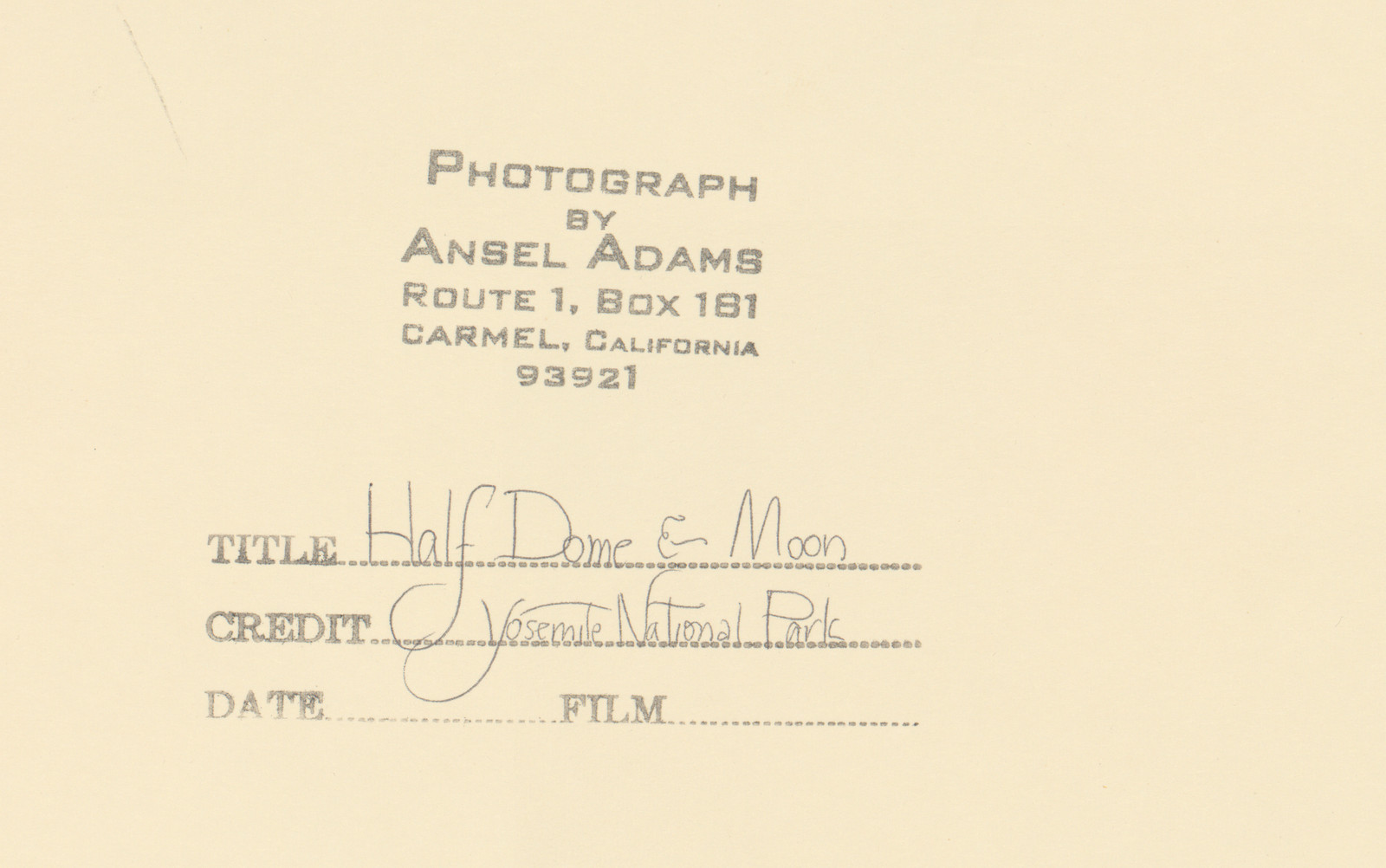 The Carmel studio stamp on the reverse of the mount, titled in ink Half Dome & Moon